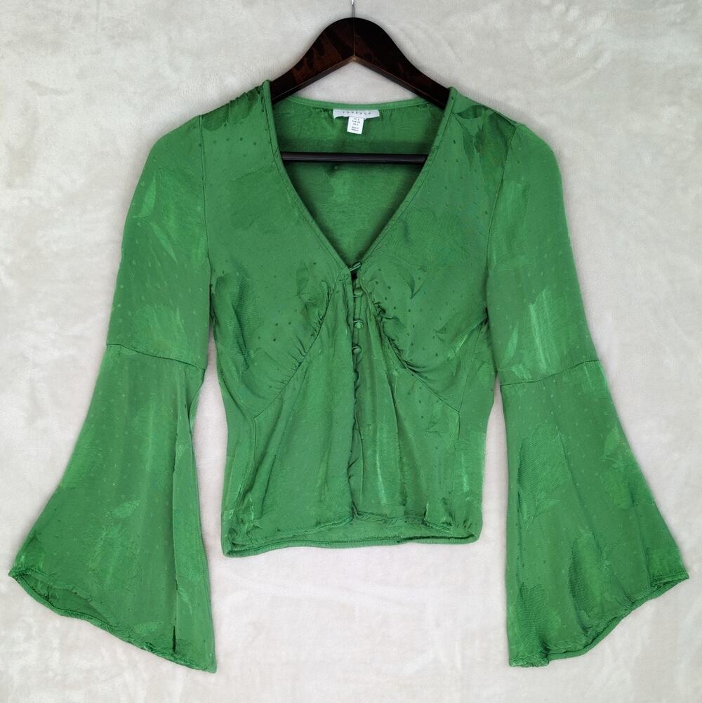Topshop Bottle Green Floral Jacquard Blouse Size 2 70s Fairycore Whimsical